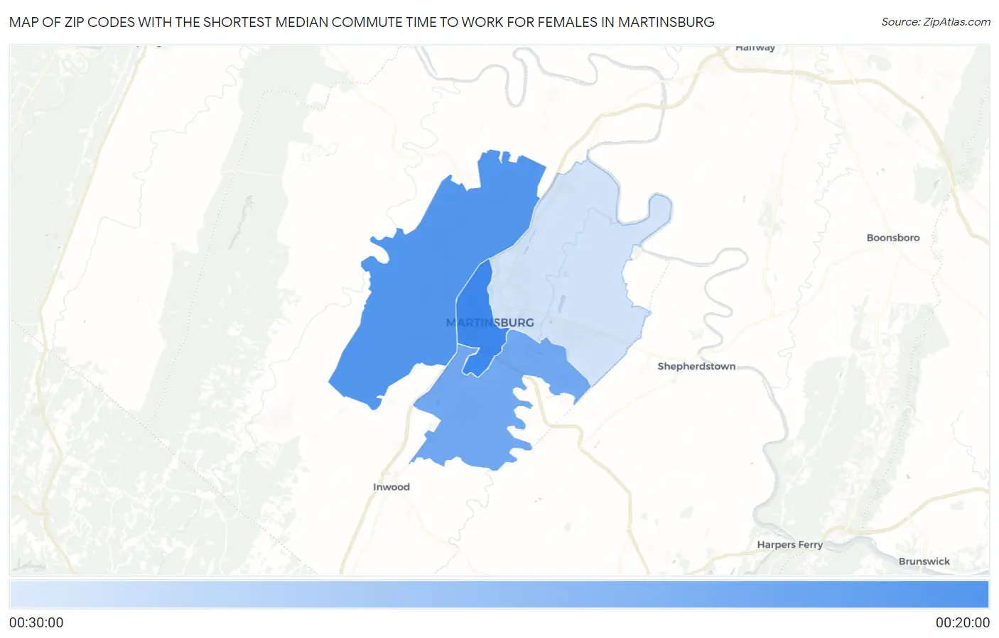 Zip Codes with the Shortest Median Commute Time to Work for Females in Martinsburg Map