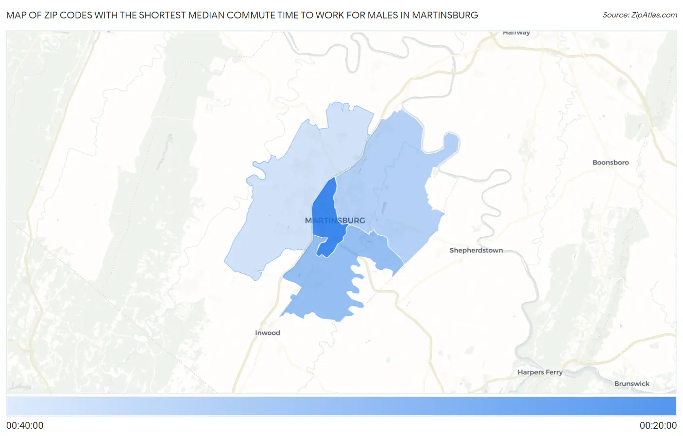 Zip Codes with the Shortest Median Commute Time to Work for Males in Martinsburg Map