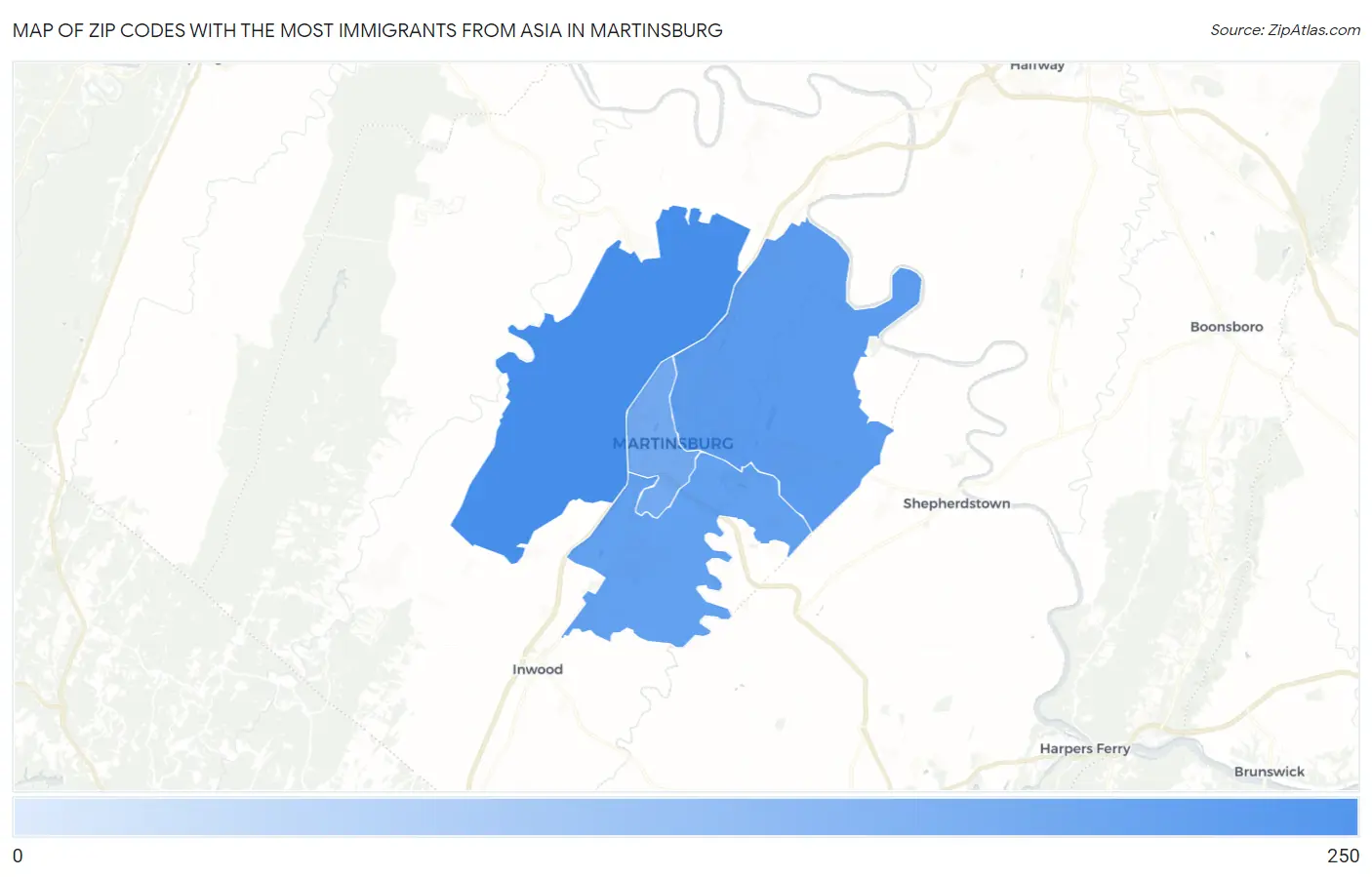 Zip Codes with the Most Immigrants from Asia in Martinsburg Map
