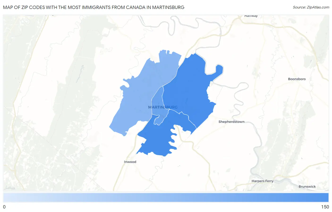 Zip Codes with the Most Immigrants from Canada in Martinsburg Map