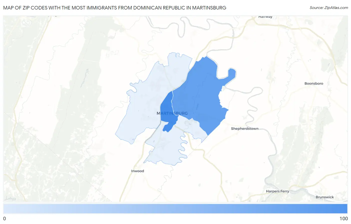 Zip Codes with the Most Immigrants from Dominican Republic in Martinsburg Map