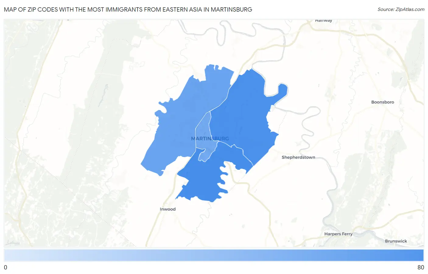 Zip Codes with the Most Immigrants from Eastern Asia in Martinsburg Map
