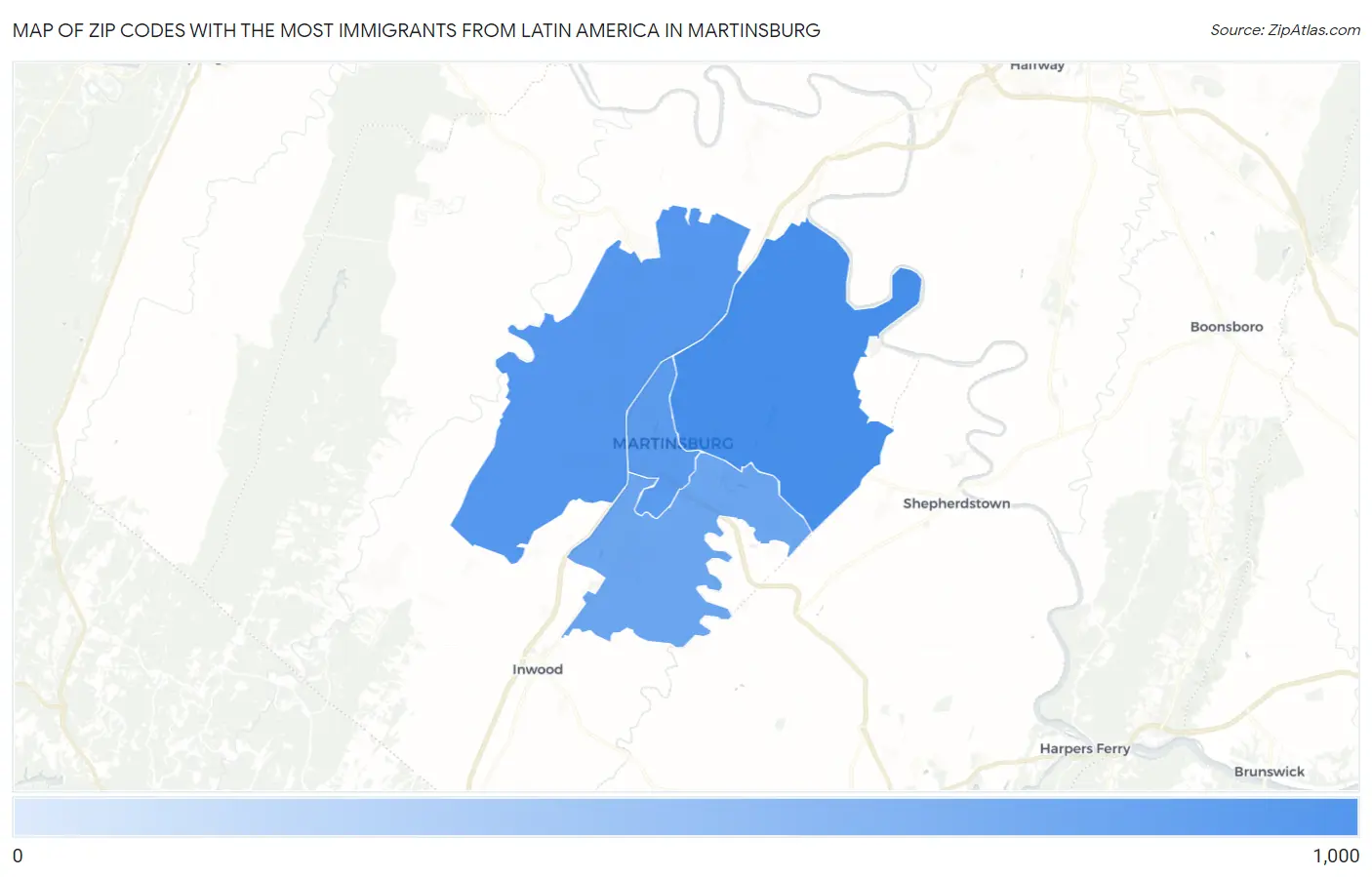 Zip Codes with the Most Immigrants from Latin America in Martinsburg Map