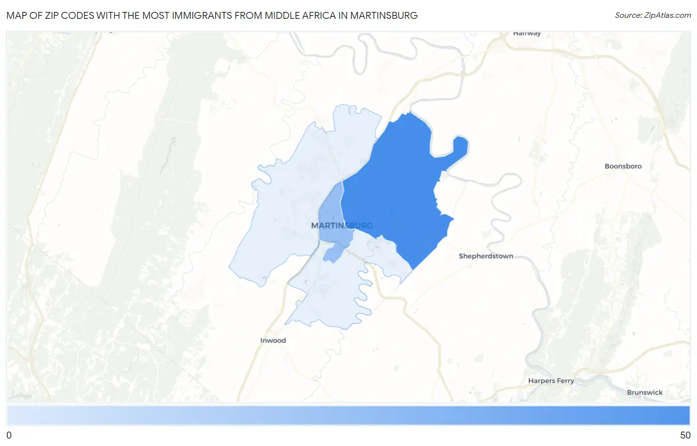 Zip Codes with the Most Immigrants from Middle Africa in Martinsburg Map