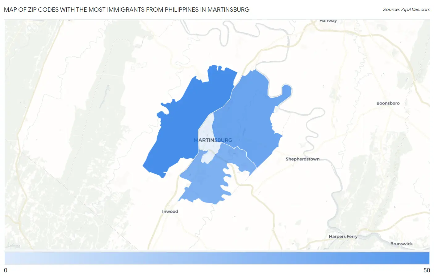 Zip Codes with the Most Immigrants from Philippines in Martinsburg Map