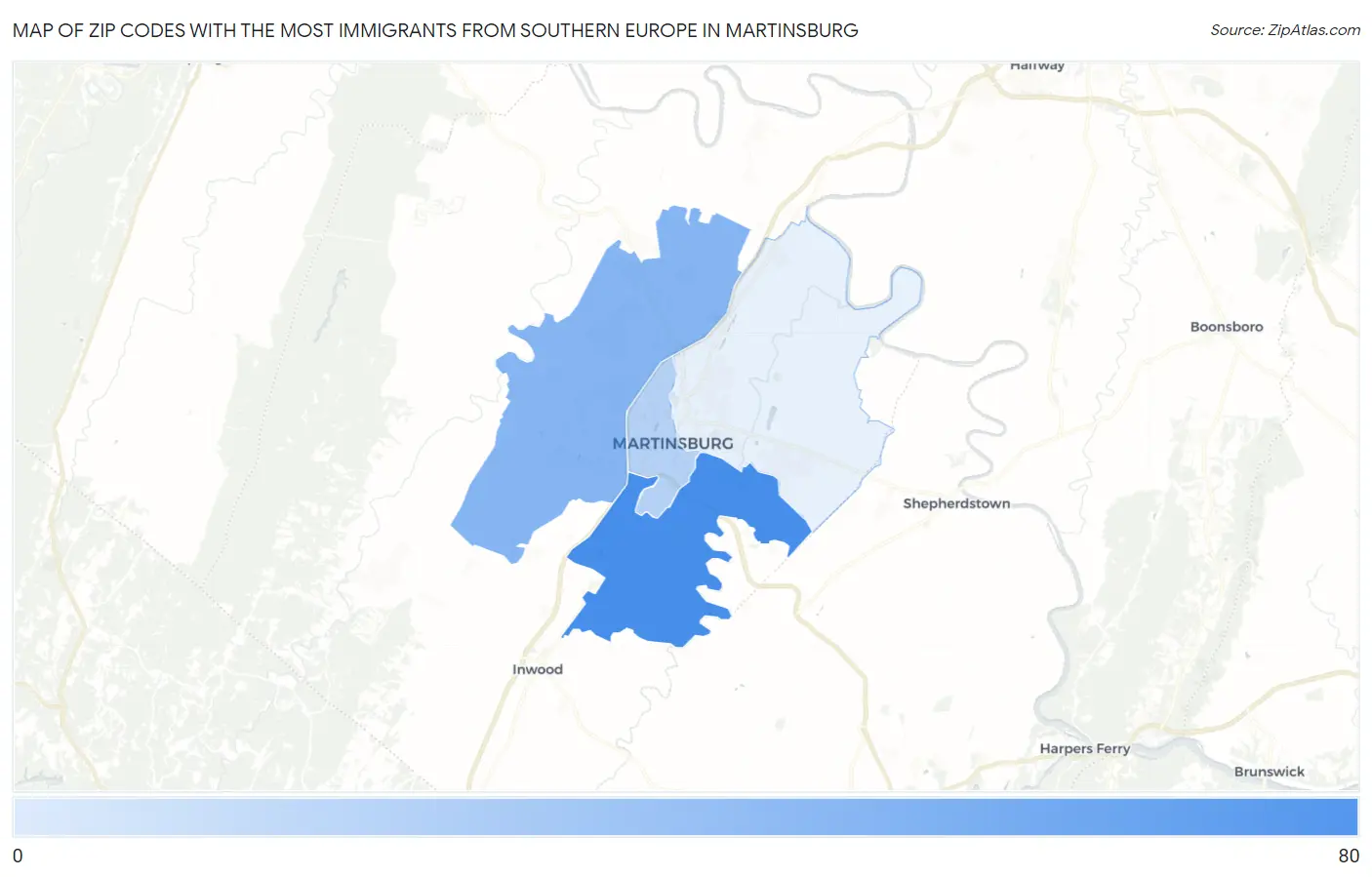 Zip Codes with the Most Immigrants from Southern Europe in Martinsburg Map