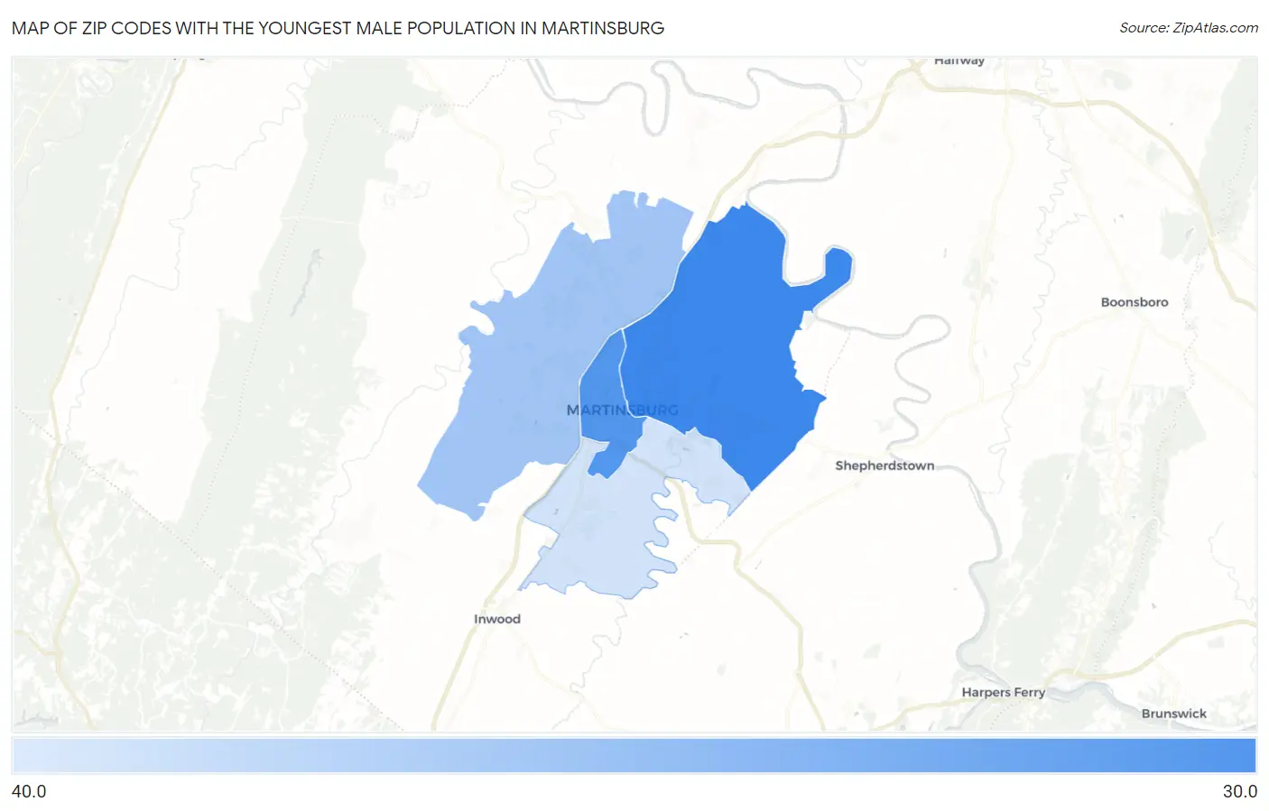 Zip Codes with the Youngest Male Population in Martinsburg Map