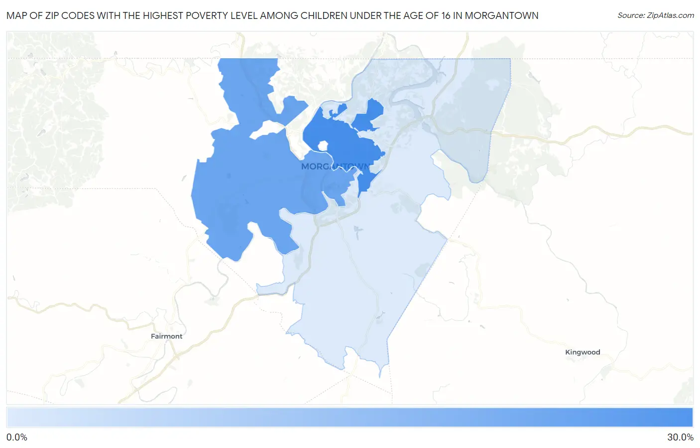 Zip Codes with the Highest Poverty Level Among Children Under the Age of 16 in Morgantown Map
