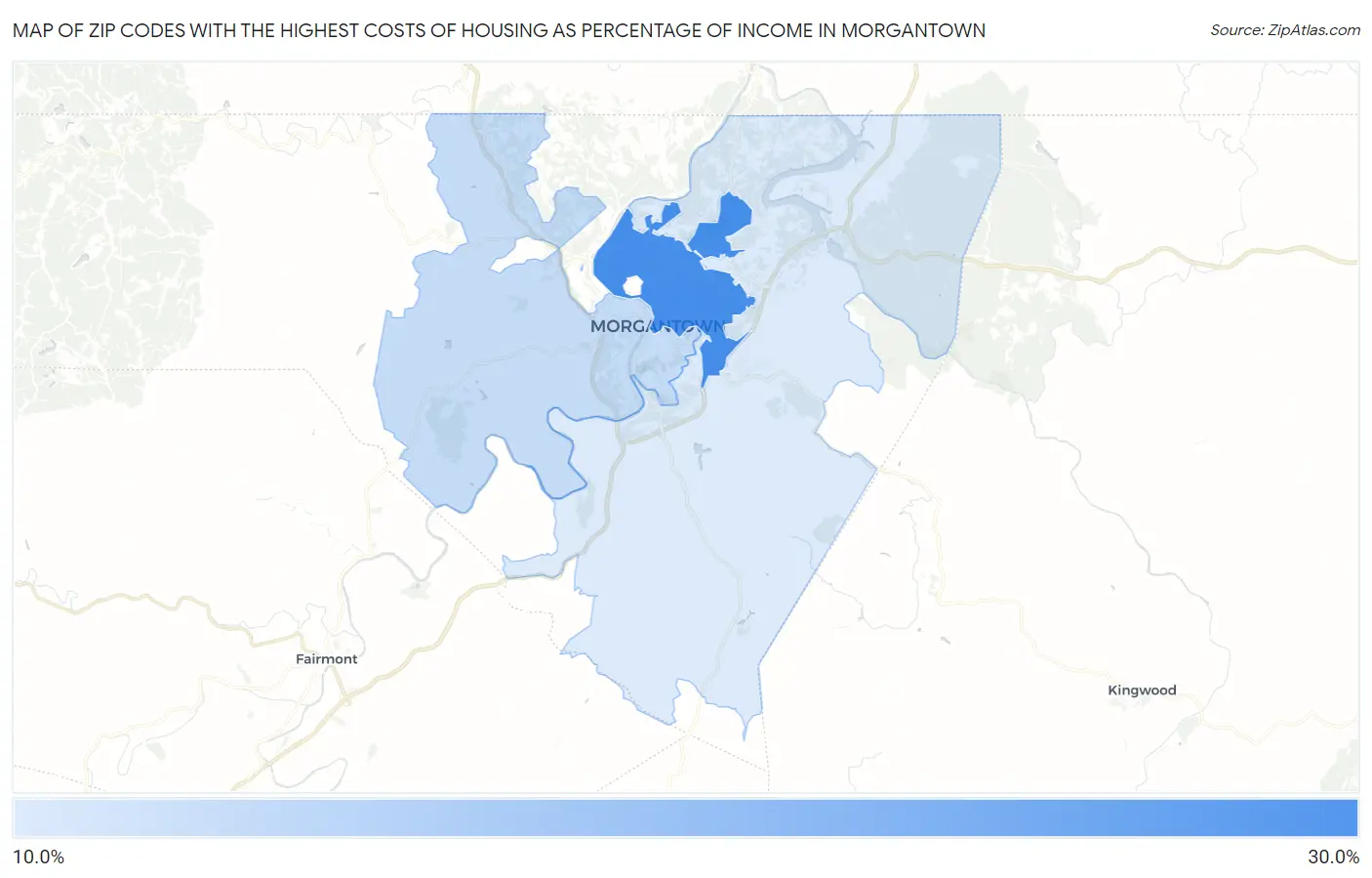Zip Codes with the Highest Costs of Housing as Percentage of Income in Morgantown Map