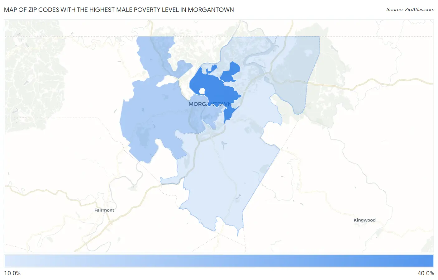 Zip Codes with the Highest Male Poverty Level in Morgantown Map