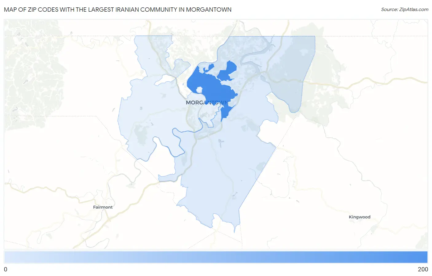 Zip Codes with the Largest Iranian Community in Morgantown Map