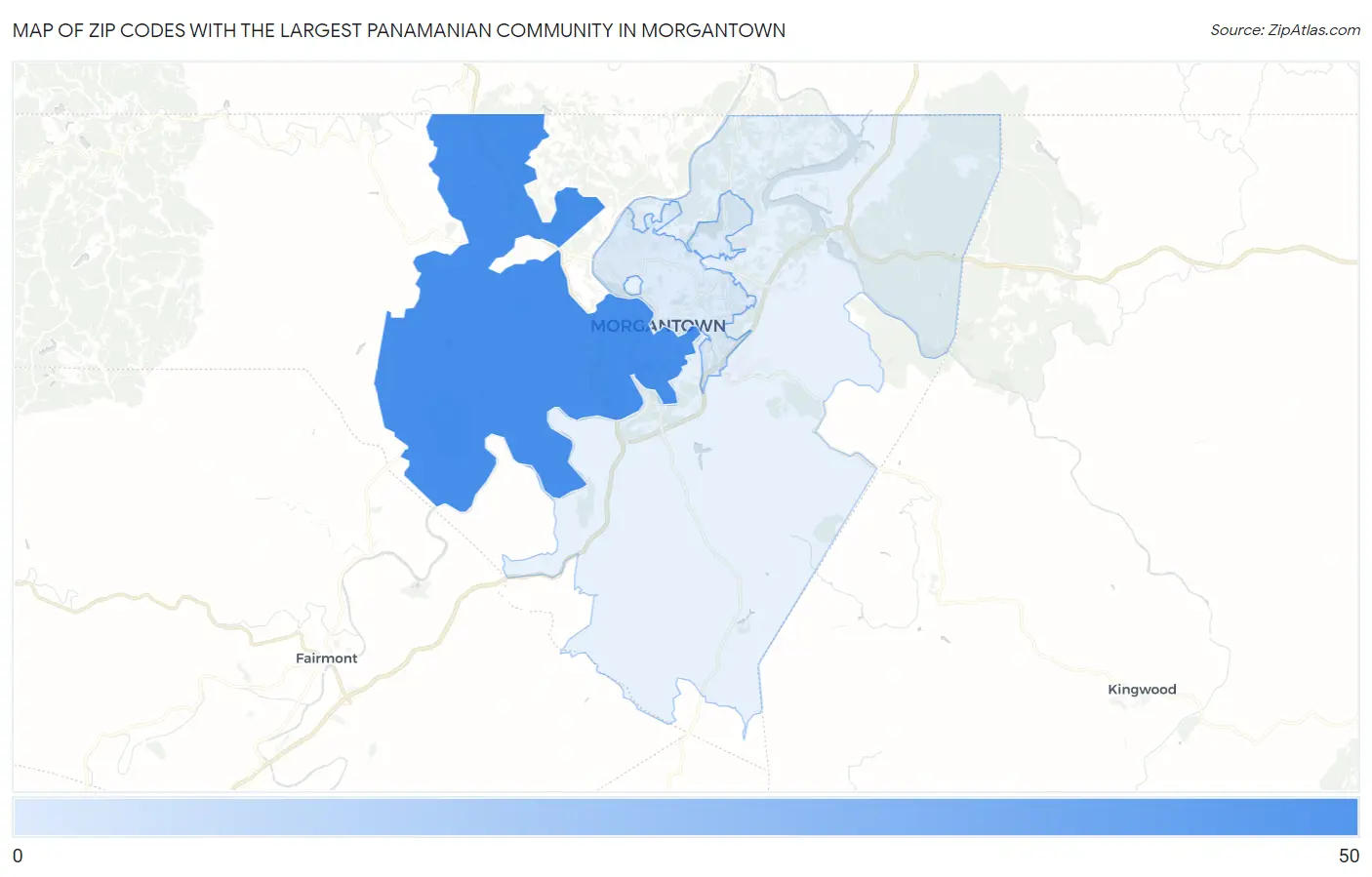 Zip Codes with the Largest Panamanian Community in Morgantown Map