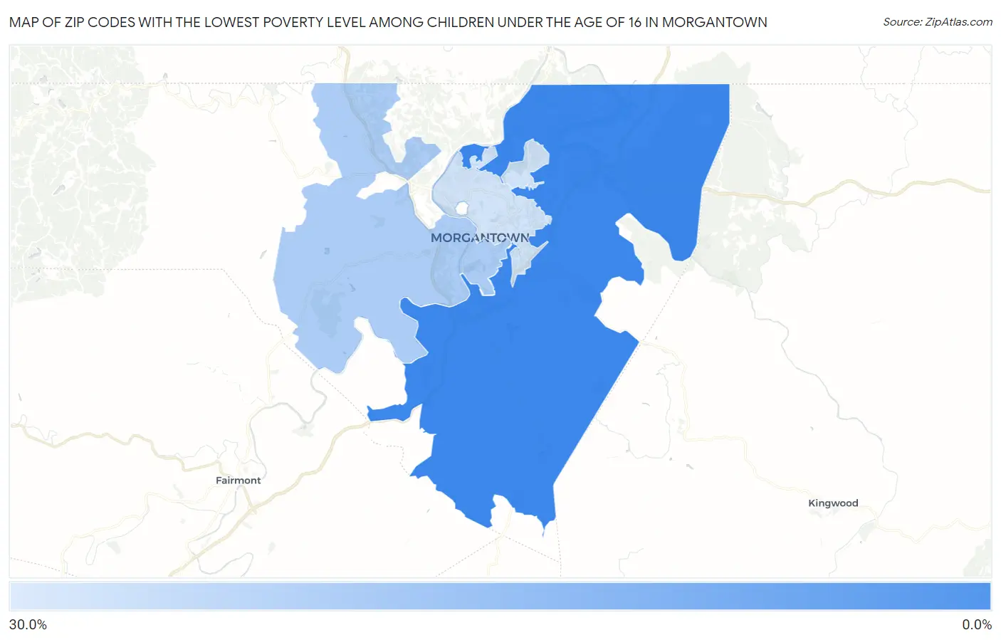 Zip Codes with the Lowest Poverty Level Among Children Under the Age of 16 in Morgantown Map