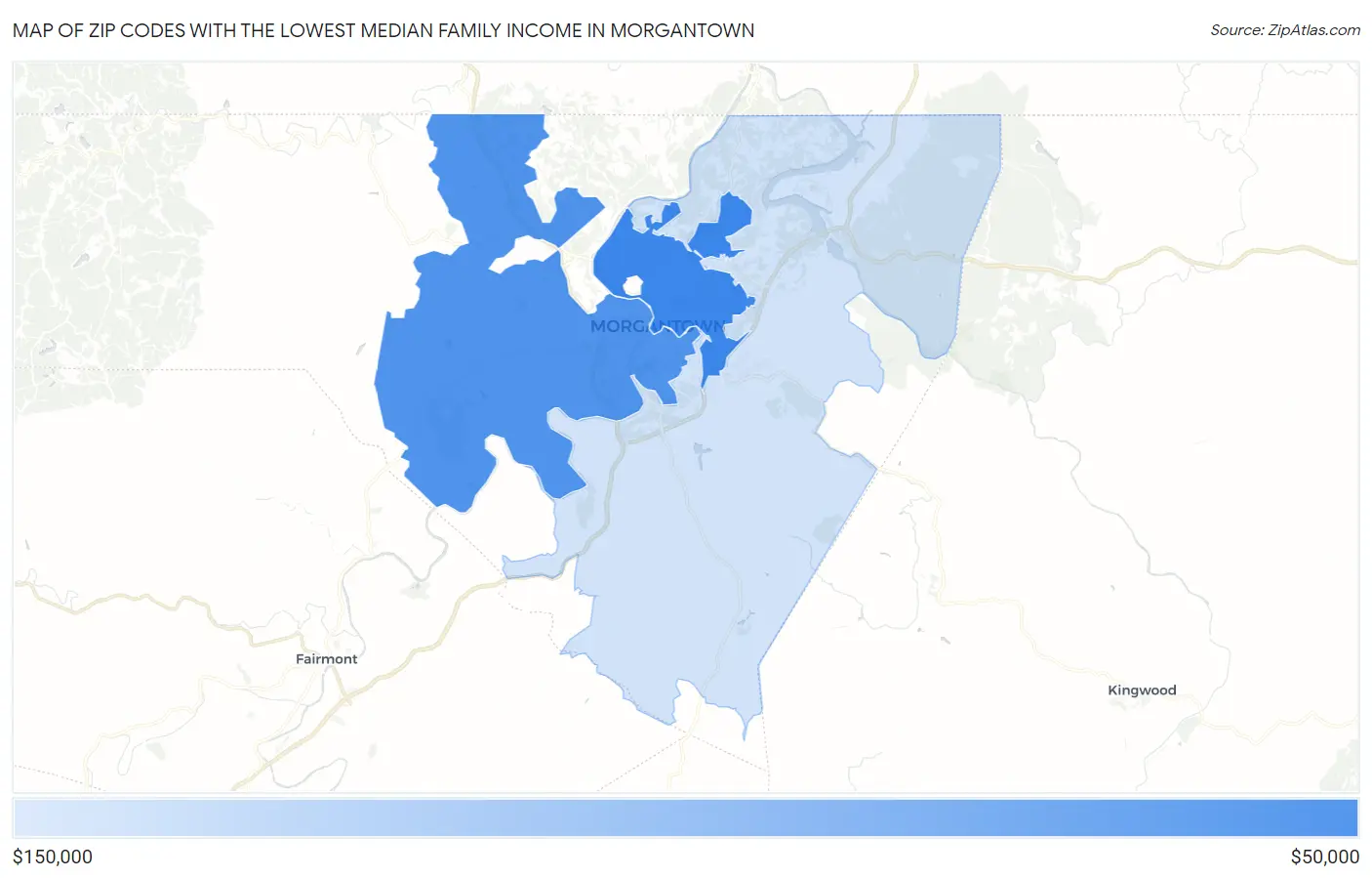 Zip Codes with the Lowest Median Family Income in Morgantown Map