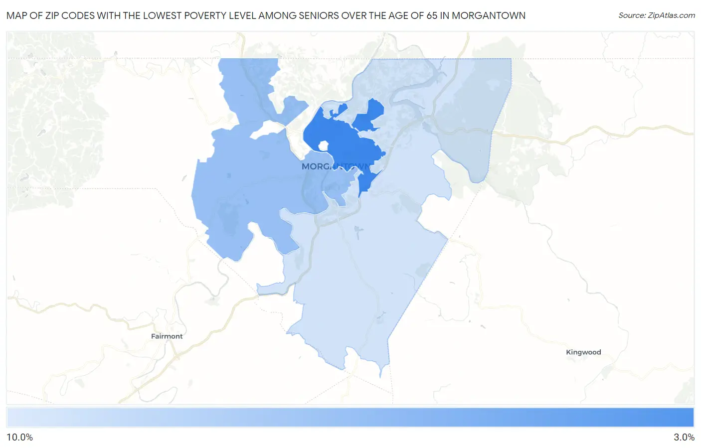 Zip Codes with the Lowest Poverty Level Among Seniors Over the Age of 65 in Morgantown Map