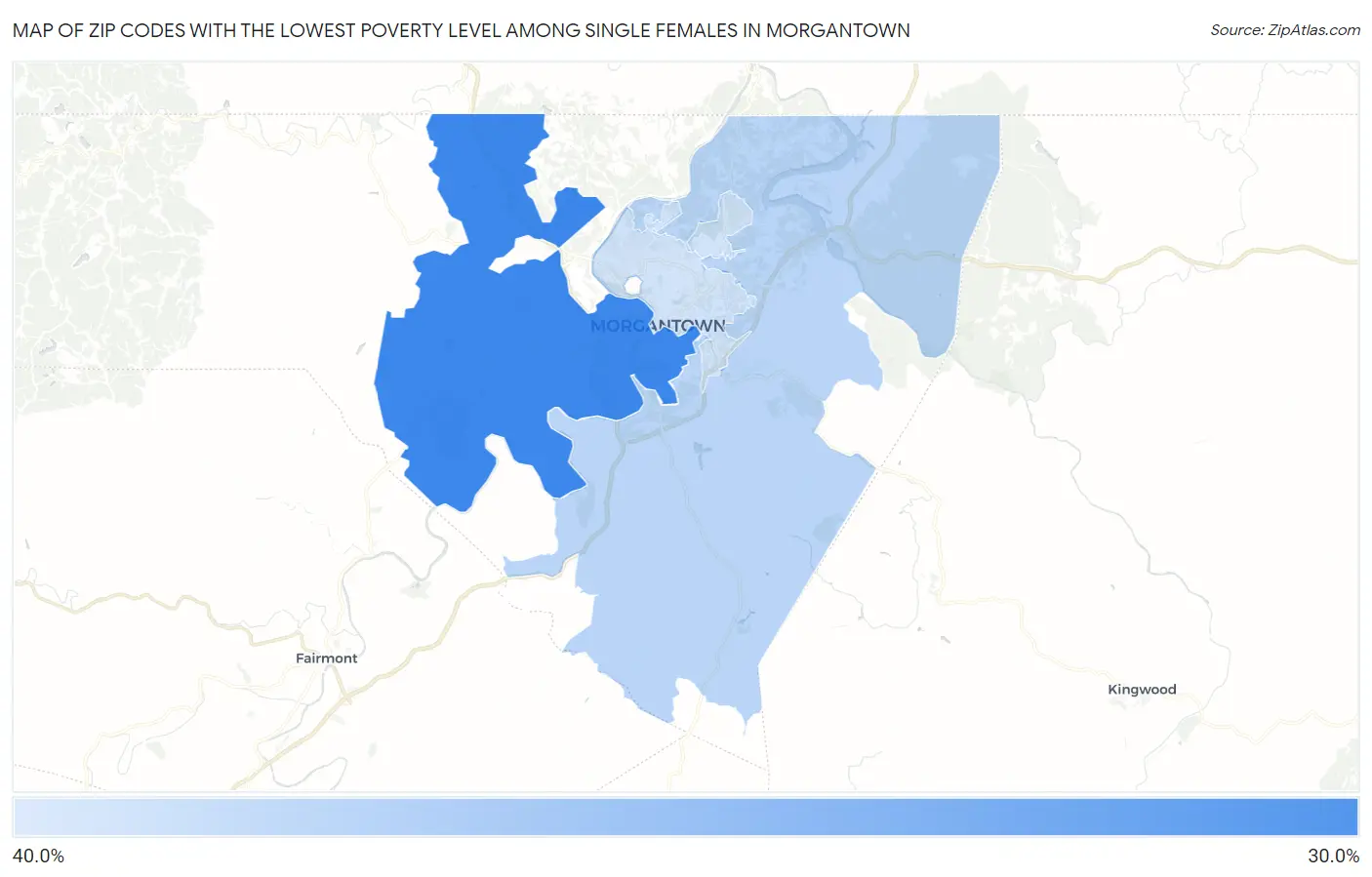 Zip Codes with the Lowest Poverty Level Among Single Females in Morgantown Map
