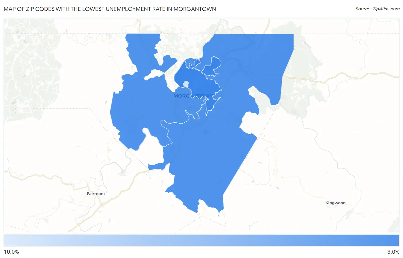 Zip Codes with the Lowest Unemployment Rate in Morgantown Map