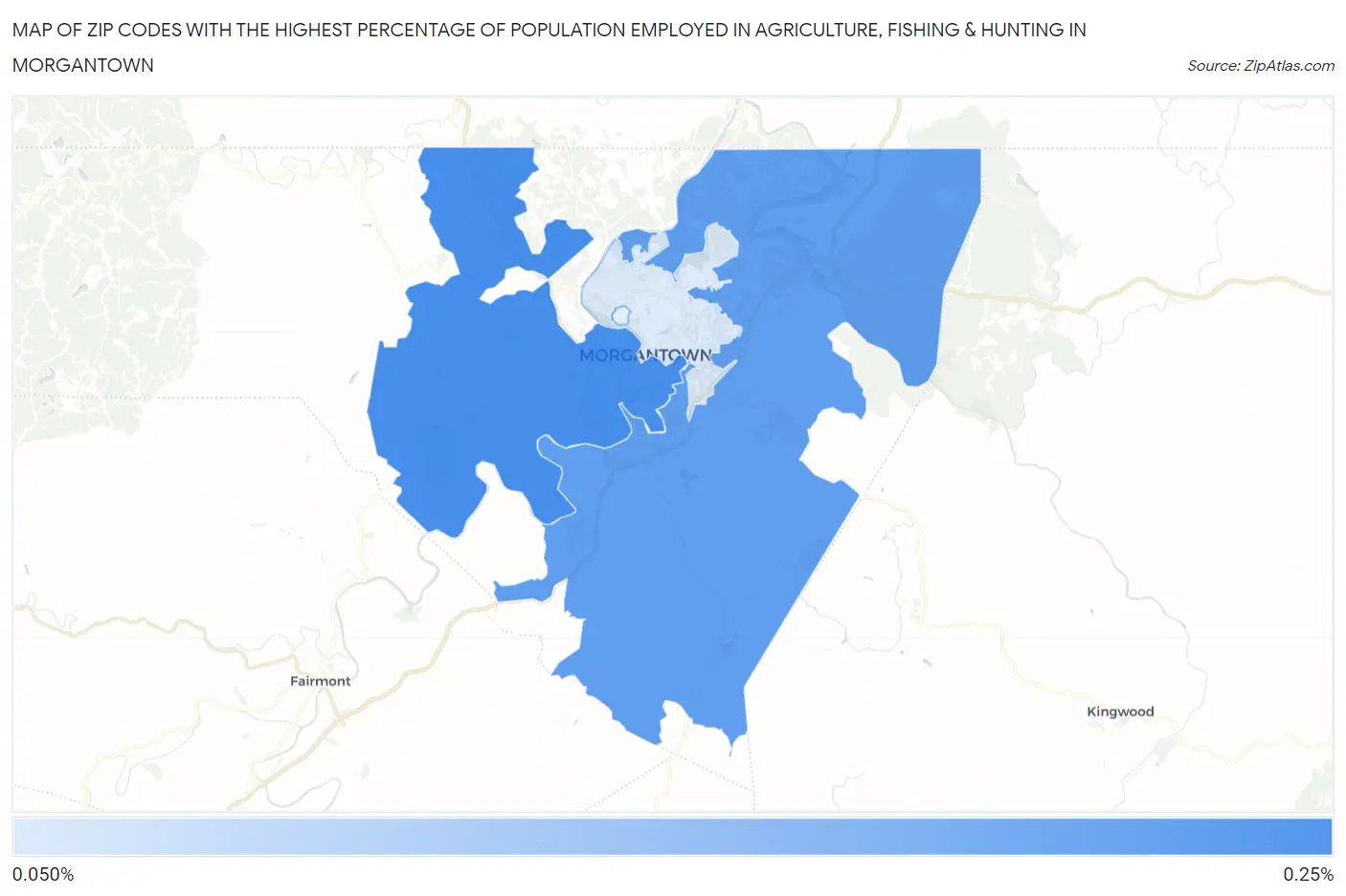 Zip Codes with the Highest Percentage of Population Employed in Agriculture, Fishing & Hunting in Morgantown Map