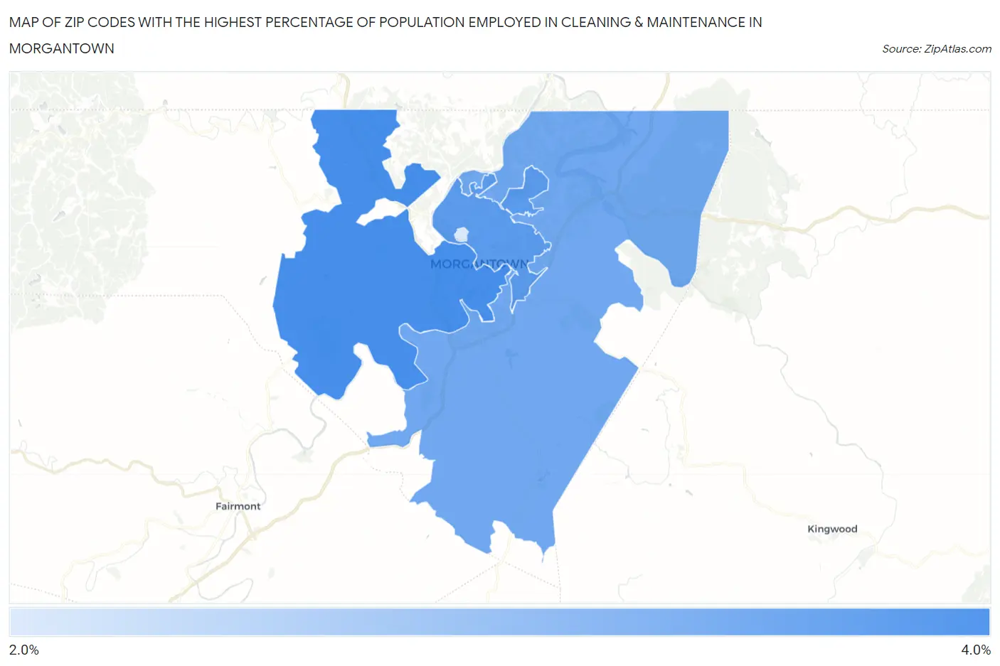 Zip Codes with the Highest Percentage of Population Employed in Cleaning & Maintenance in Morgantown Map