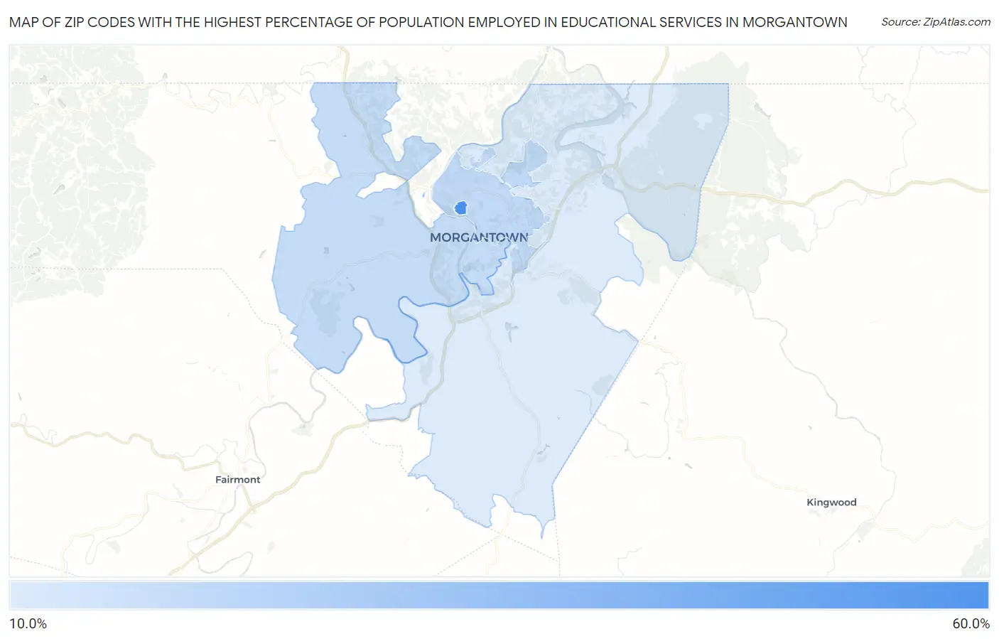 Zip Codes with the Highest Percentage of Population Employed in Educational Services in Morgantown Map