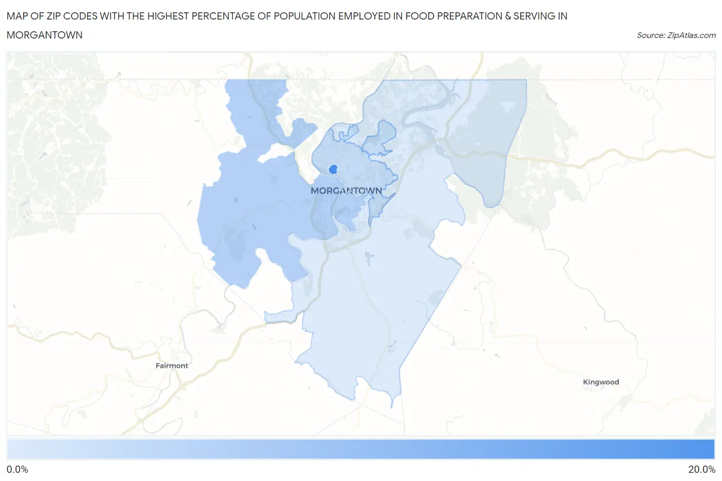 Zip Codes with the Highest Percentage of Population Employed in Food Preparation & Serving in Morgantown Map
