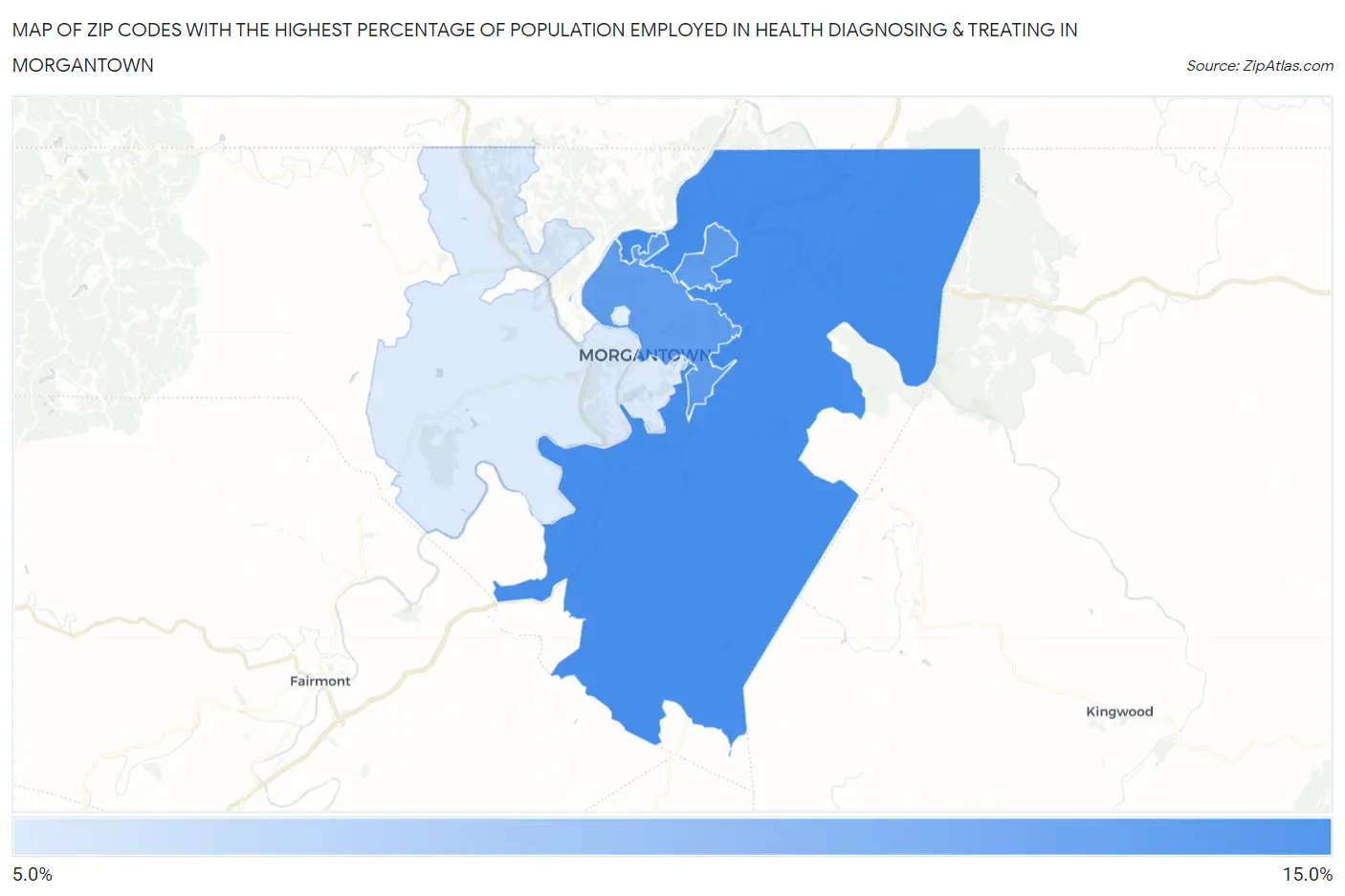 Zip Codes with the Highest Percentage of Population Employed in Health Diagnosing & Treating in Morgantown Map
