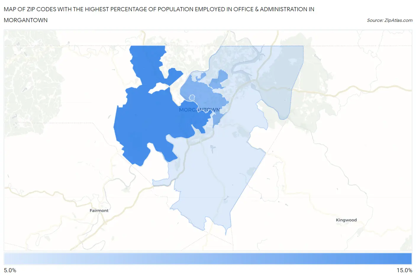 Zip Codes with the Highest Percentage of Population Employed in Office & Administration in Morgantown Map
