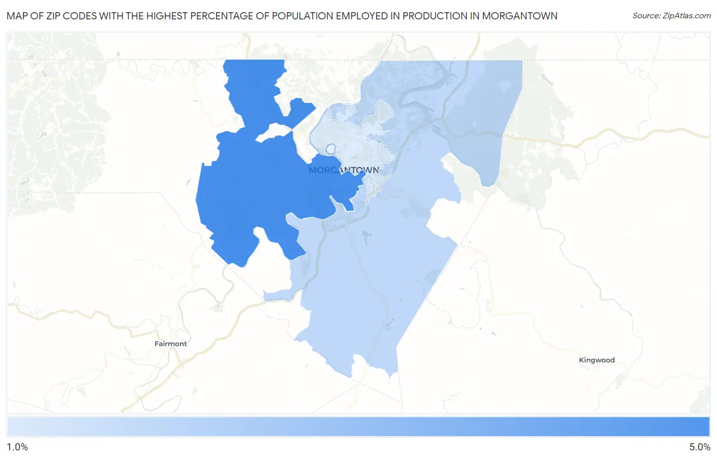Zip Codes with the Highest Percentage of Population Employed in Production in Morgantown Map