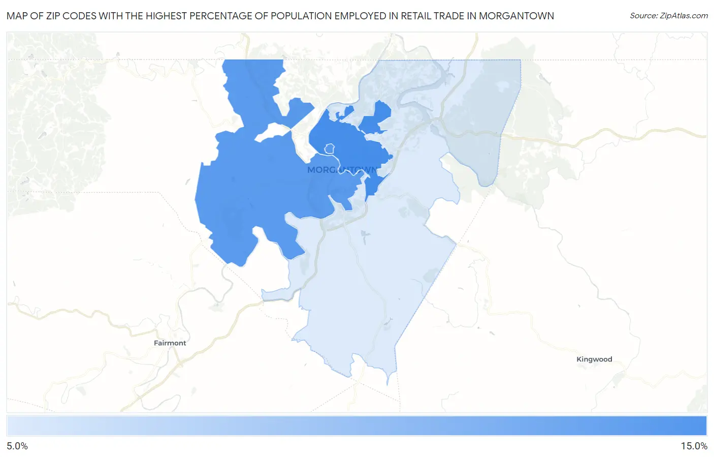 Zip Codes with the Highest Percentage of Population Employed in Retail Trade in Morgantown Map