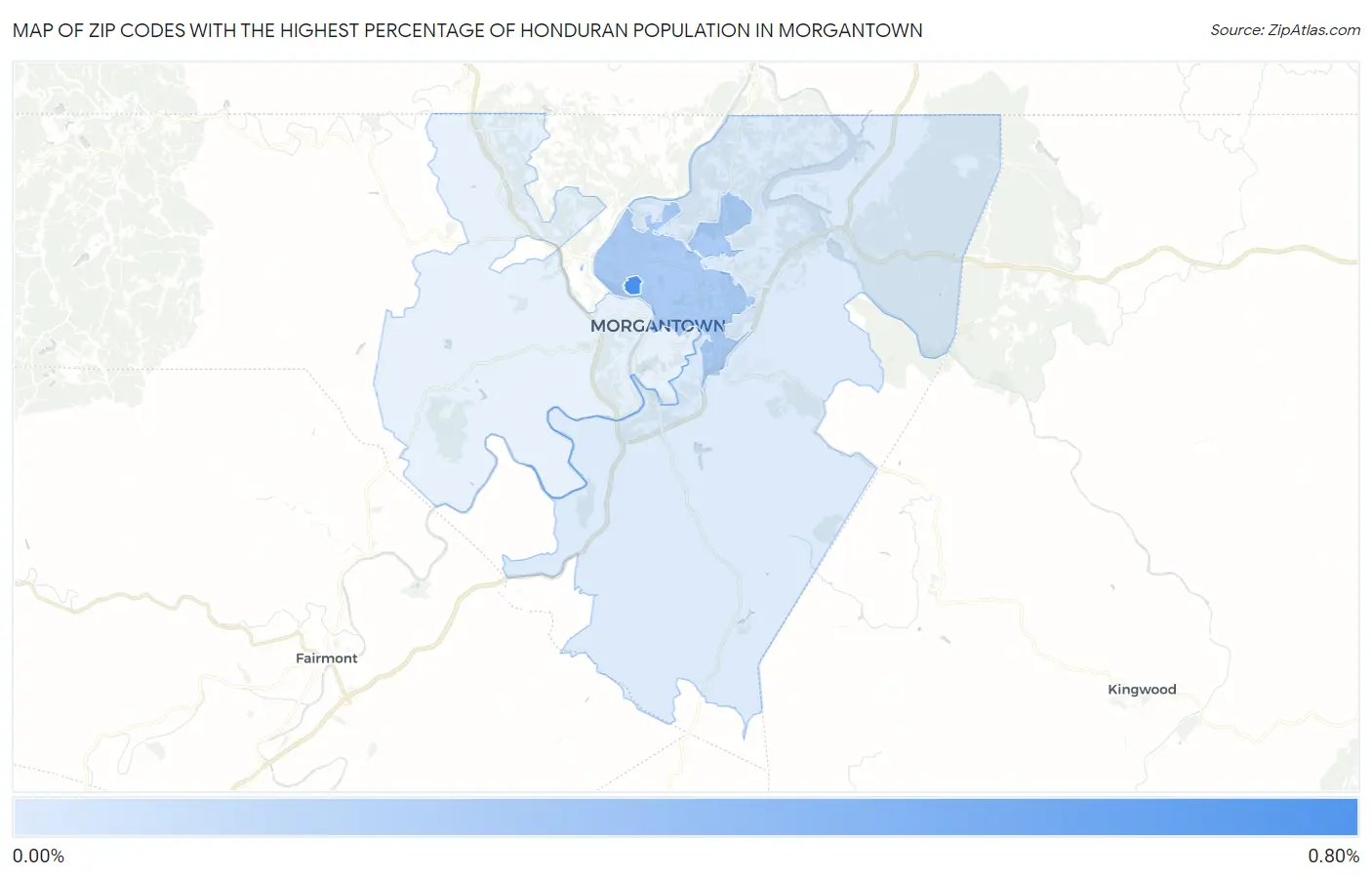 Zip Codes with the Highest Percentage of Honduran Population in Morgantown Map
