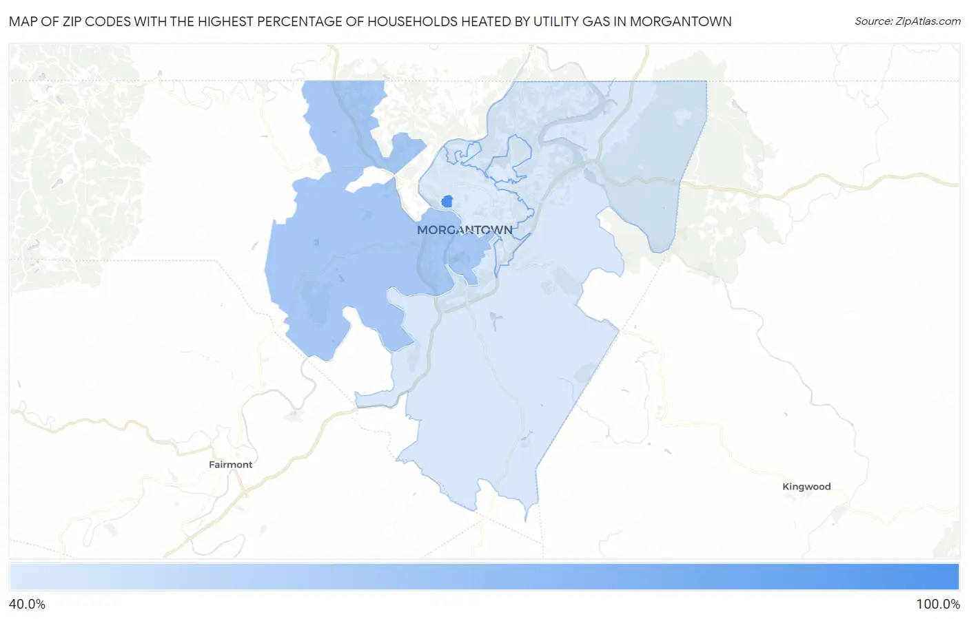 Zip Codes with the Highest Percentage of Households Heated by Utility Gas in Morgantown Map