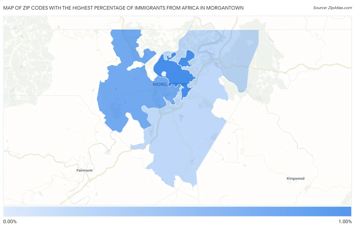 Zip Codes with the Highest Percentage of Immigrants from Africa in Morgantown Map