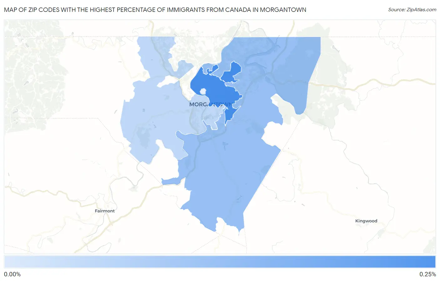 Zip Codes with the Highest Percentage of Immigrants from Canada in Morgantown Map
