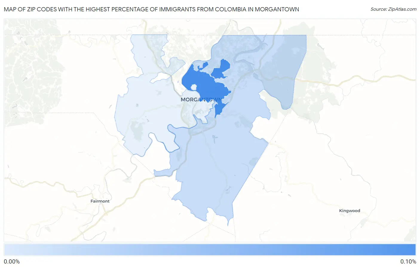 Zip Codes with the Highest Percentage of Immigrants from Colombia in Morgantown Map