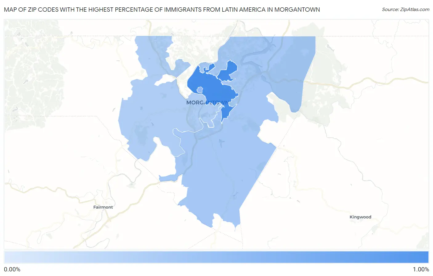 Zip Codes with the Highest Percentage of Immigrants from Latin America in Morgantown Map