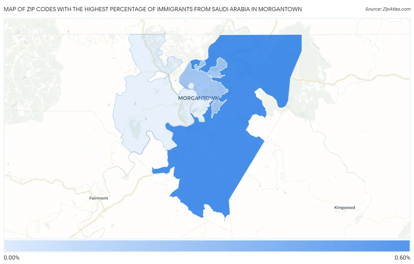 Zip Codes with the Highest Percentage of Immigrants from Saudi Arabia in Morgantown Map