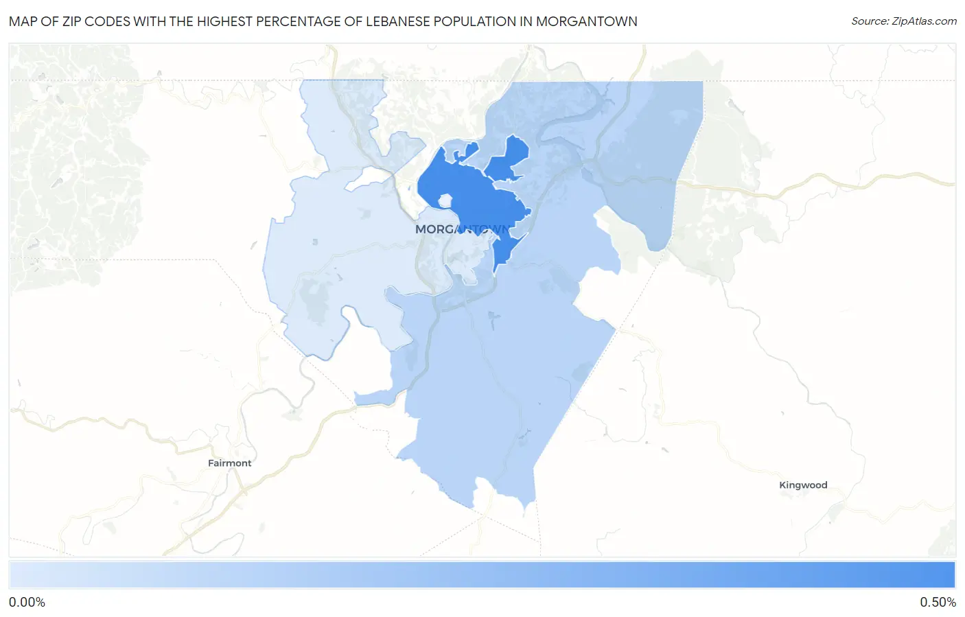 Zip Codes with the Highest Percentage of Lebanese Population in Morgantown Map