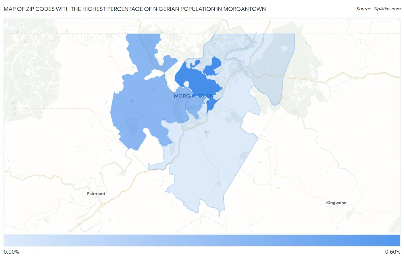 Zip Codes with the Highest Percentage of Nigerian Population in Morgantown Map
