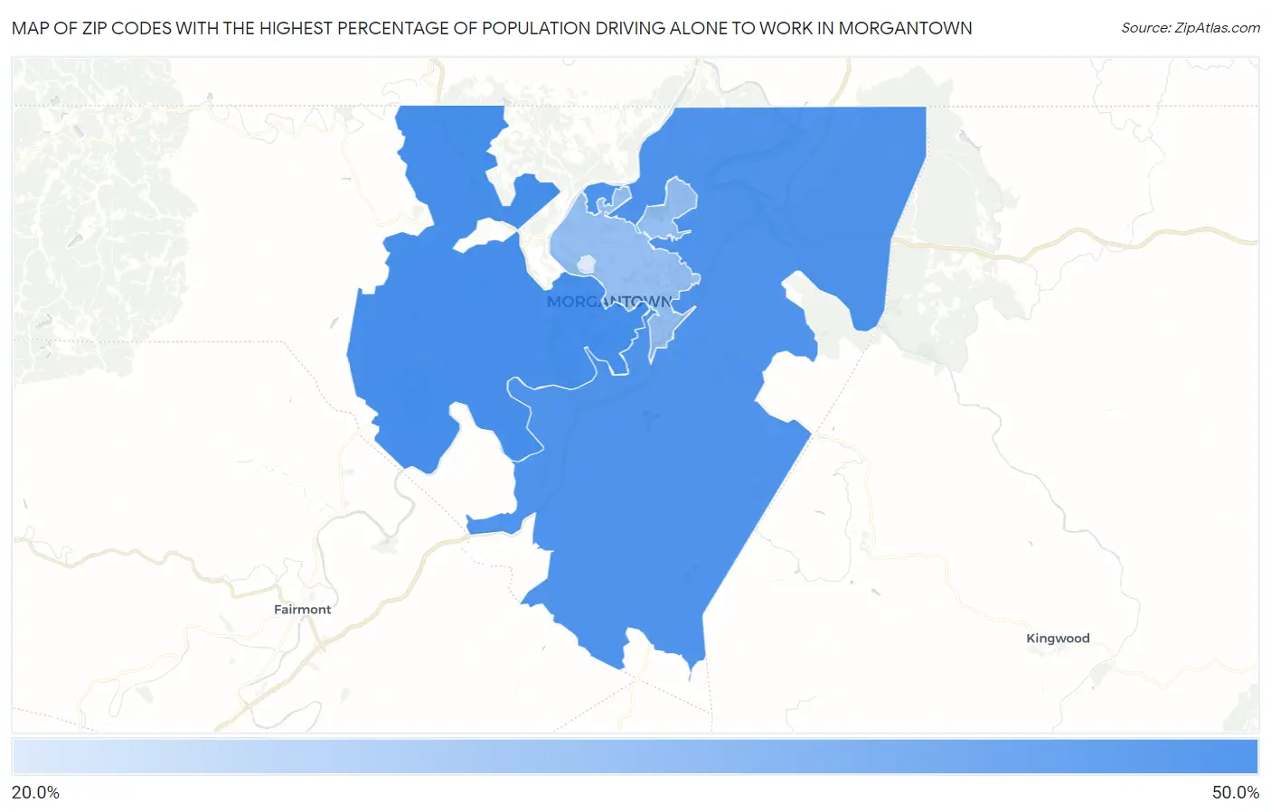 Zip Codes with the Highest Percentage of Population Driving Alone to Work in Morgantown Map