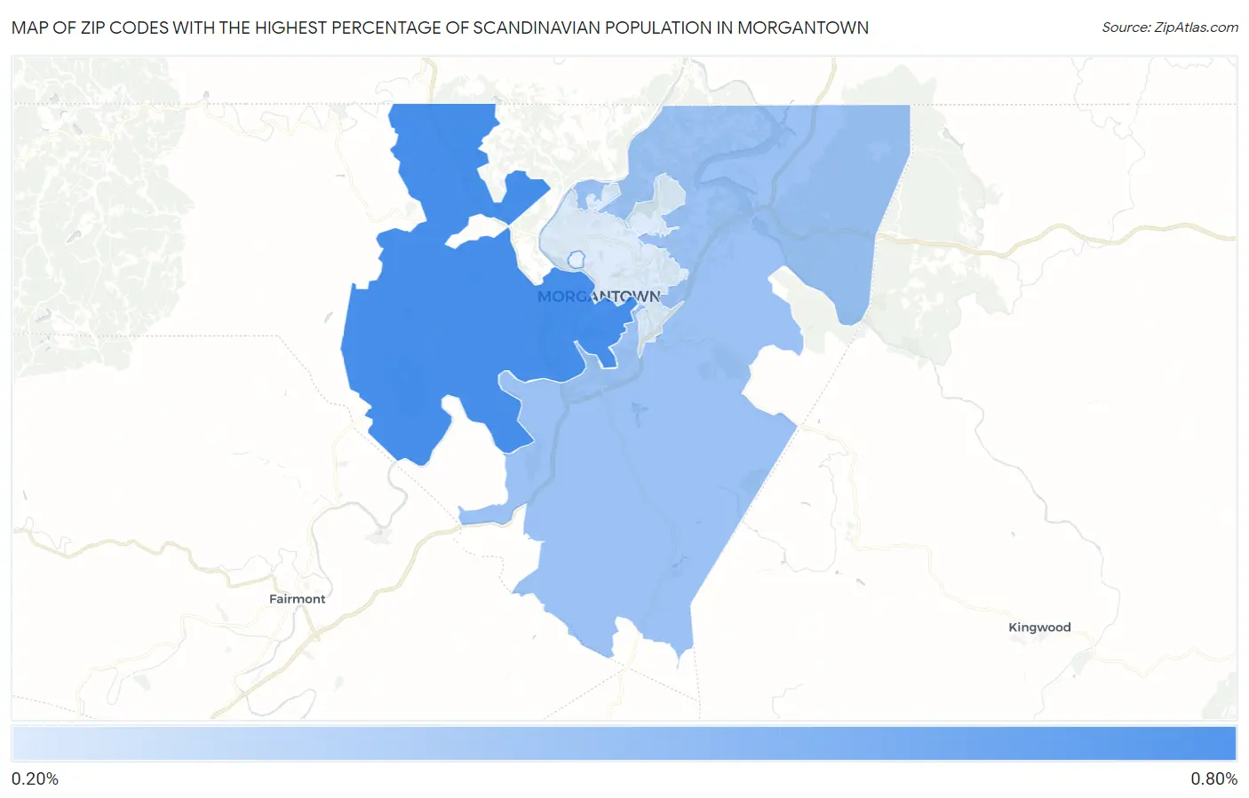 Zip Codes with the Highest Percentage of Scandinavian Population in Morgantown Map