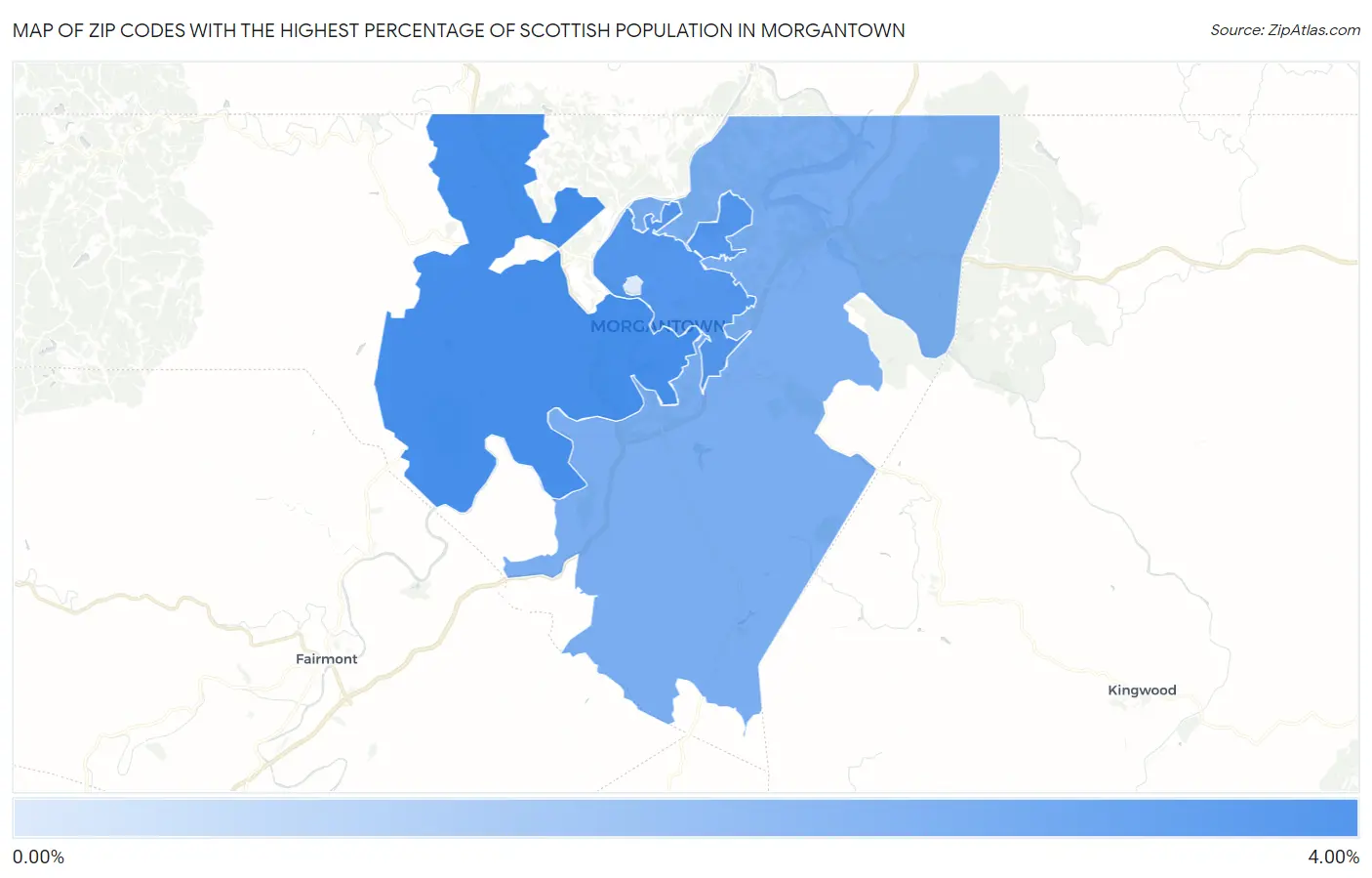 Zip Codes with the Highest Percentage of Scottish Population in Morgantown Map