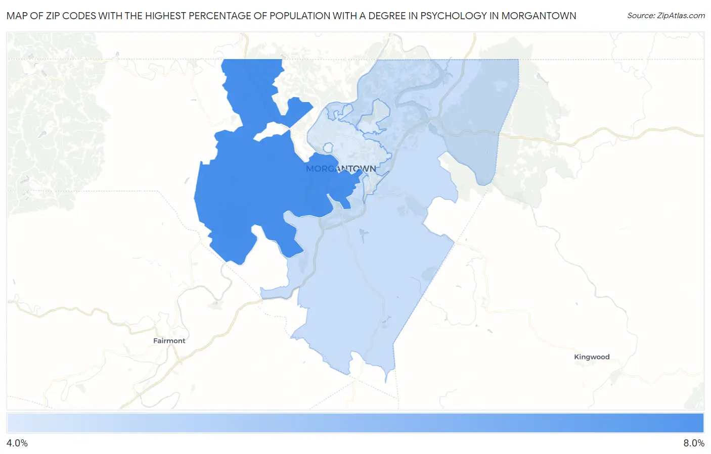 Zip Codes with the Highest Percentage of Population with a Degree in Psychology in Morgantown Map