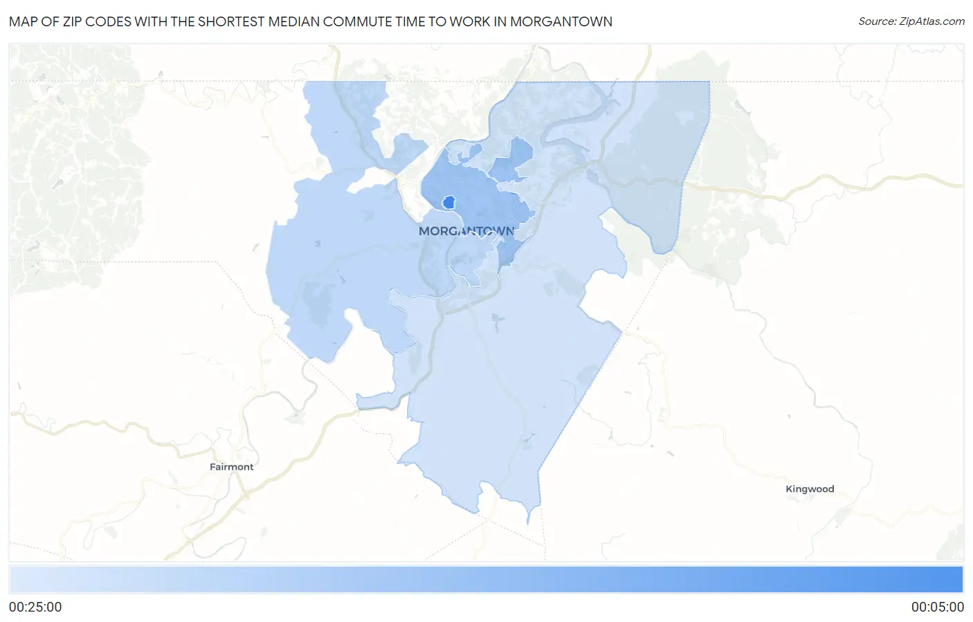 Zip Codes with the Shortest Median Commute Time to Work in Morgantown Map