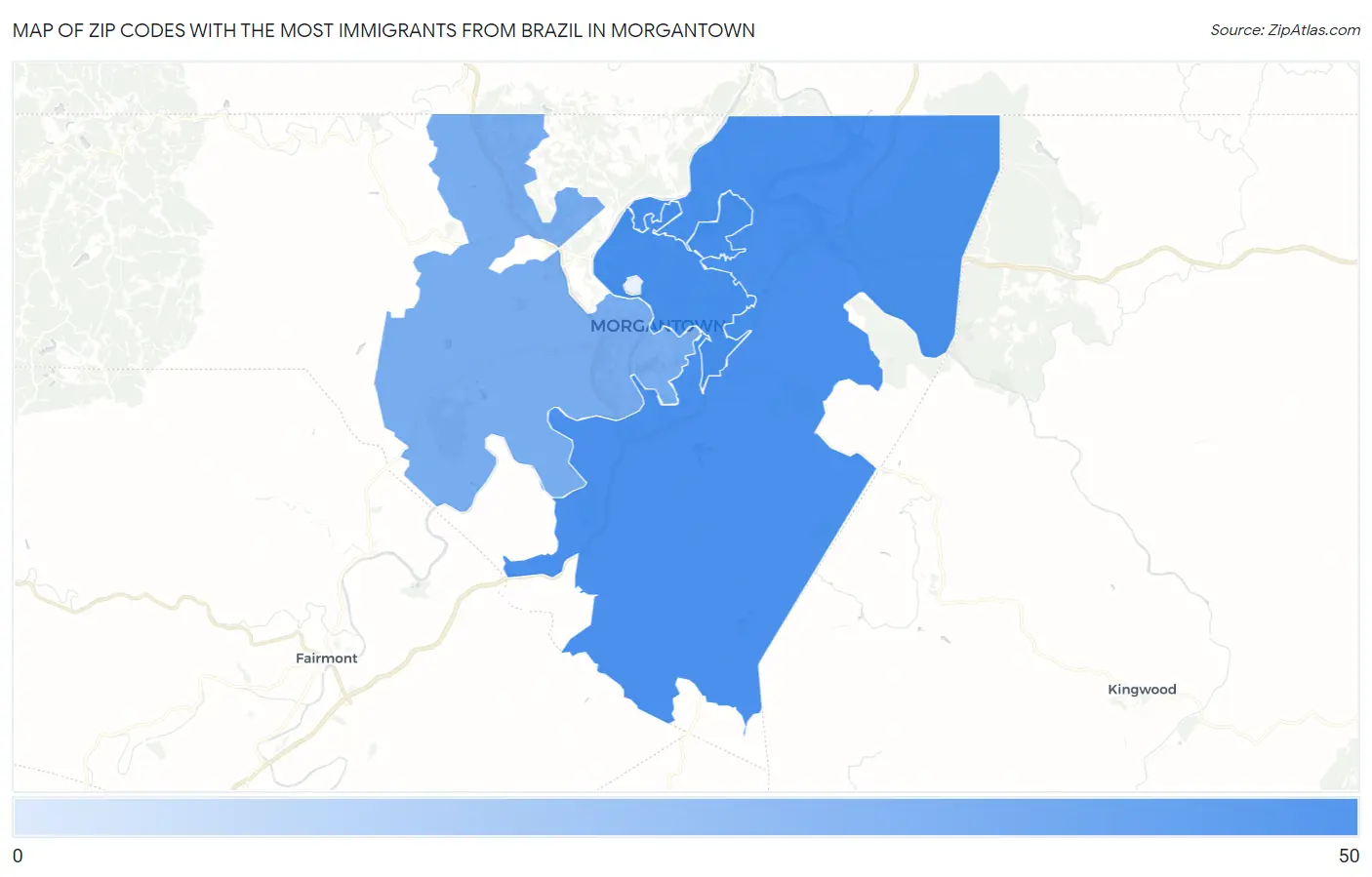 Zip Codes with the Most Immigrants from Brazil in Morgantown Map