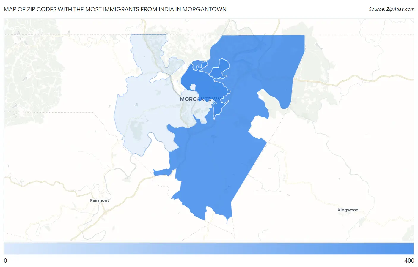 Zip Codes with the Most Immigrants from India in Morgantown Map
