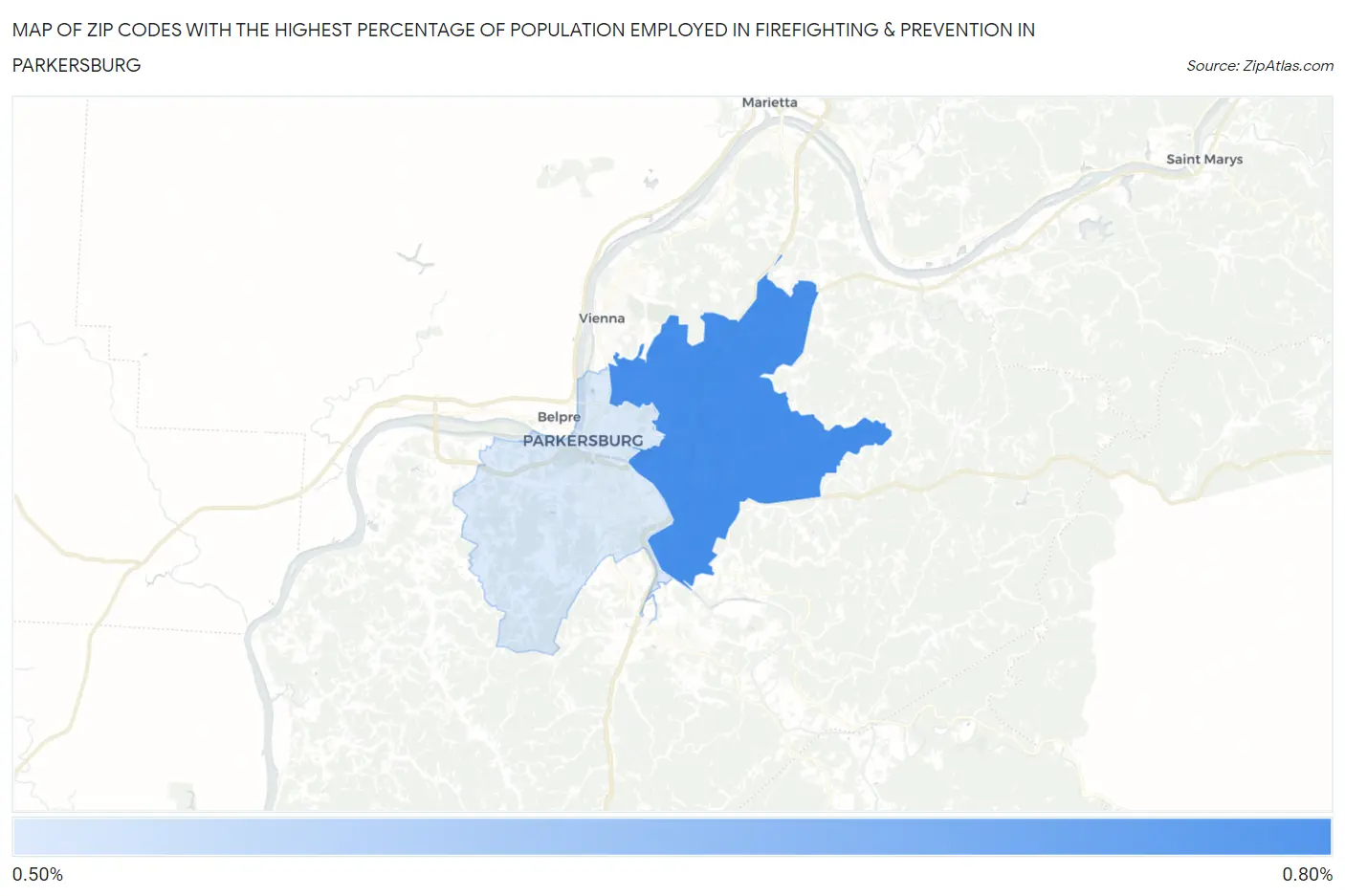 Zip Codes with the Highest Percentage of Population Employed in Firefighting & Prevention in Parkersburg Map