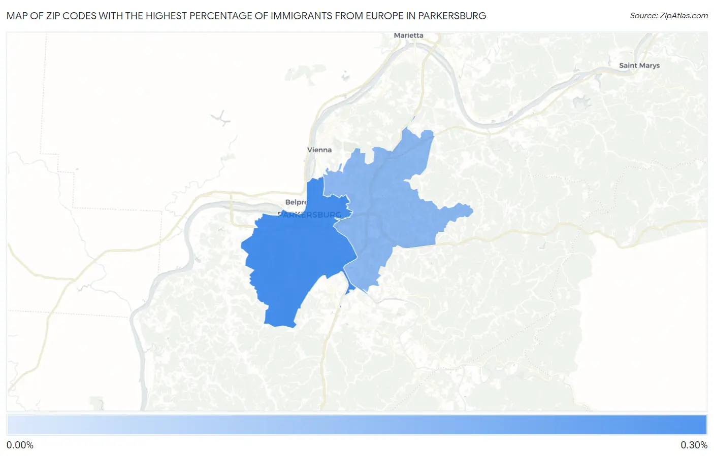 Zip Codes with the Highest Percentage of Immigrants from Europe in Parkersburg Map
