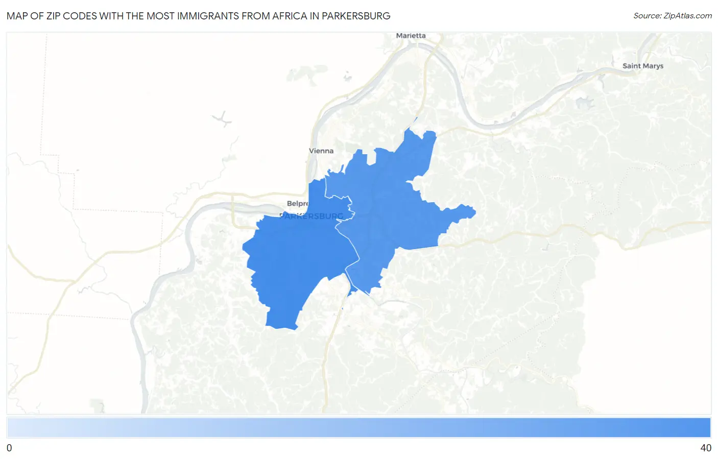 Zip Codes with the Most Immigrants from Africa in Parkersburg Map