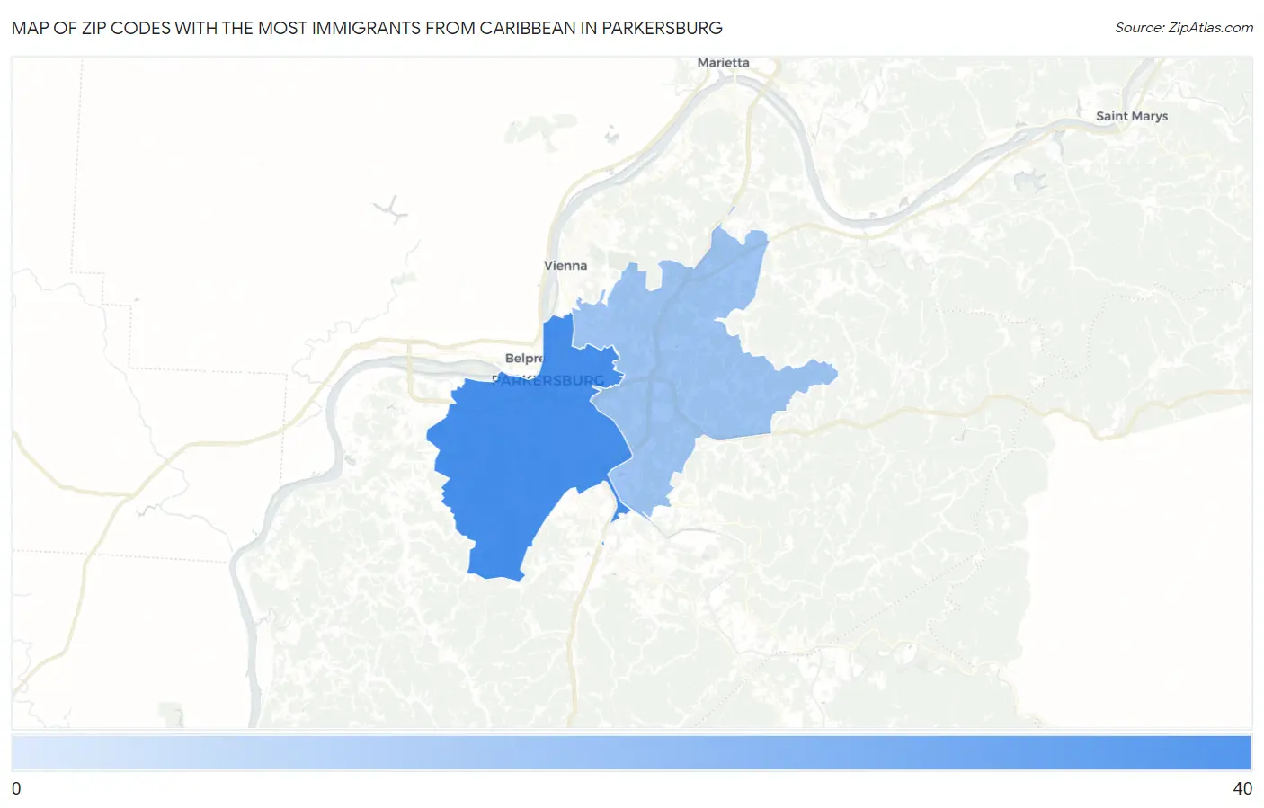 Zip Codes with the Most Immigrants from Caribbean in Parkersburg Map
