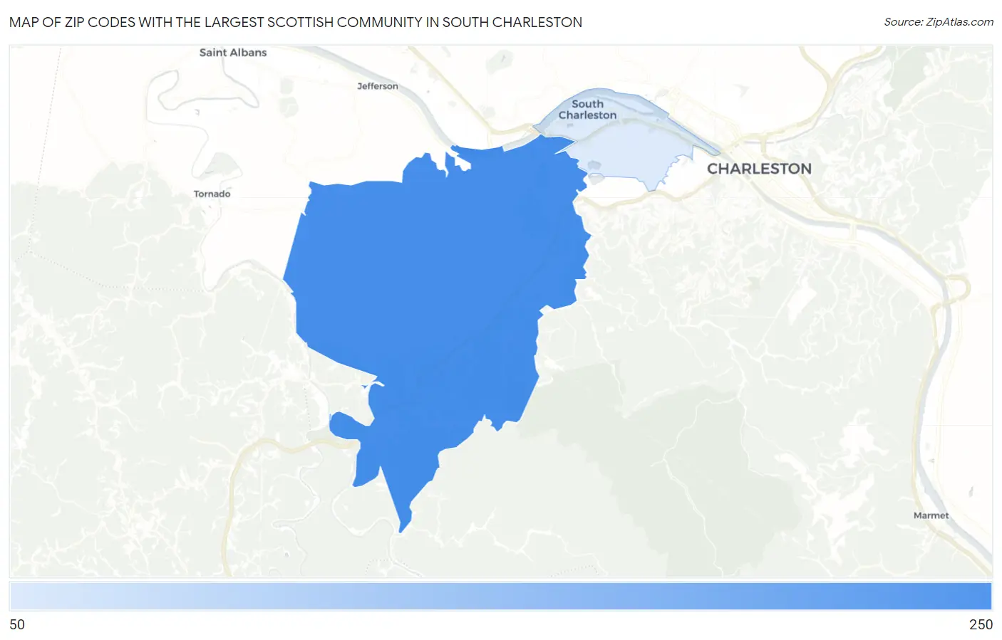 Zip Codes with the Largest Scottish Community in South Charleston Map